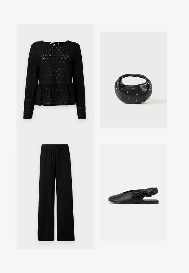 Sort peplum top lavet af struktureret blonde med lange ærmer, der har en rund halsudskæring og en knyttedetalje på ryggen.; Sorte vide benbukser med elastisk talje og justerbar snor. Glat stof uden synlige mønstre eller accenter.; Sort flad slingback-sko med rundet tå og en rynket sløjfedetalje på den elastiske hælrem.; Sort læderhåndtaske med en rundet form, dekoreret med sølvnitter, og et kort håndtag. Glat tekstur og lynlåslukning.