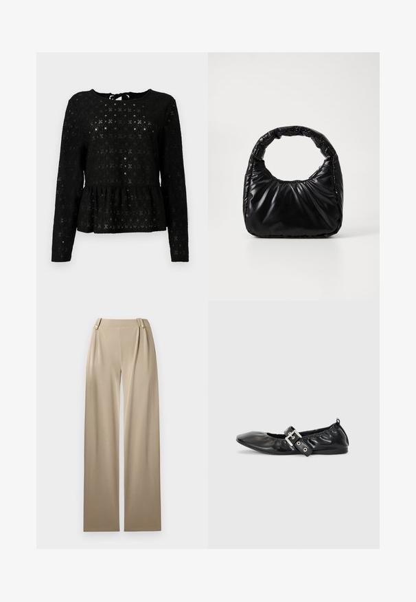 Sort peplum top lavet af struktureret blonde med lange ærmer, der har en rund halsudskæring og en knyttedetalje på ryggen.; Beige brede bukser med en glat overflade, der har to dekorative knapper i taljen og subtile plisseringer for ekstra detaljer.; Sorte læder flade sko med spids tå, samling detaljer omkring åbningen, og en sølv spænde accent på den justerbare rem.; Sort polstret håndtaske med et rundt håndtag, der har en glat, skinnende overflade og en blød, kviltet tekstur. Ingen synlige hardware eller accenter.