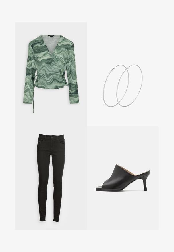 Monki Blúzka - green; Čierne slim-fit džínsy s prednými vreckami, pútkami na opasok, gombíkovým zapínaním a zipsom, zobrazené na bielom pozadí.; Selected ASHLEY - Šľapky na opätku - black; Strieborné kruhové náušnice s minimalistickým dizajnom. Cirkulárny tvar, hladký povrch a tenký profil. Ľahké s lesklým povrchom.