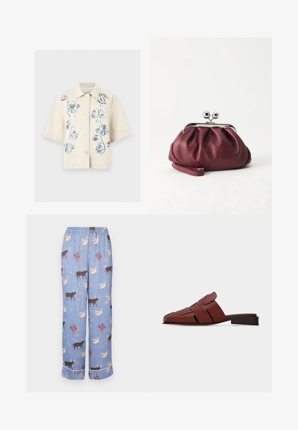 Camisa beige de manga corta con botones, bordado floral azul grisáceo en el frente y cuello puntiagudo.; Pantalones de pijama azules con un patrón caprichoso que presenta vacas, criaturas míticas y elementos celestiales; cinturilla elástica y piernas anchas.; Sandalia marrón de cuero con diseño sin cierre, detalles recortados y tacón bajo plano, vista lateral sobre fondo claro liso.; Pequeño bolso de mano de cuero burdeos con cierre metálico plateado y correa de muñeca sobre un fondo blanco.