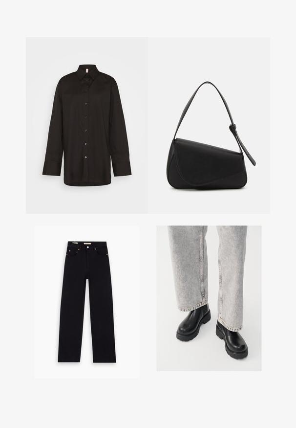 ONLY Tall ONLTELA BUTTON DOWN SHIRT - Blúzka so zapínaním na gombíky - black; Čierne denimy s rovnými nohavicami, piatimi vreckami, medenými doplnkami a hladkou textúrou. Dva štítky viditeľné na páse.; Vagabond COSMO - Členkové čižmy na platforme - black; Čierna kožená kabelka s trojuholníkovým tvarom, šikmým klopou a zaoblenou rukoväťou. Má hladkú textúru a minimalistické dizajnové detaily.