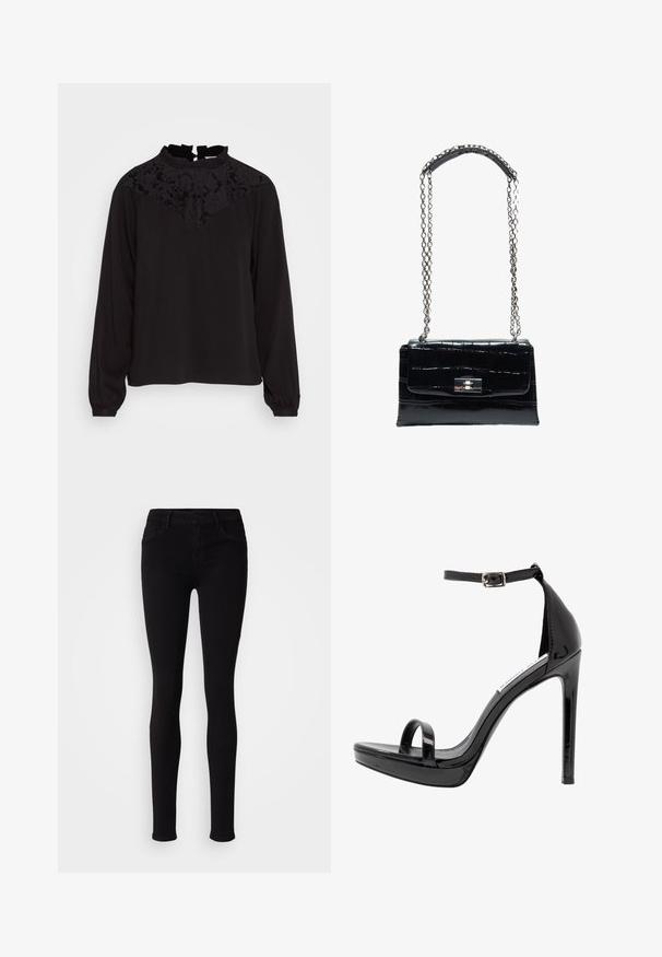 Blouse noire à manches longues, avec des détails en dentelle sur le yoke, un léger volants au col et une coupe ample. Texture lisse, couleur unie.; Pantalons slim fit noirs avec fermeture à bouton, passants de ceinture et poches avant, présentés sur un fond clair et uni.; Steve Madden MILANO - Sandales à talons hauts - black; Sac à main en cuir noir à texture crocodile avec fermoir à verrou argenté et longue chaîne argentée avec patte d'épaule en cuir.