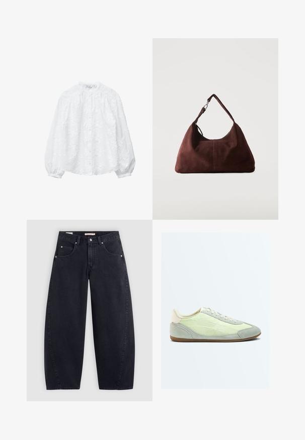 Witte blouse met bloemenborduursel, knoopsluiting, hoge hals en pofmouwen. Gemaakt van gestructureerde stof met een zachte, lichte textuur.; Zwarte denim wijde pijpen jeans met een hoge taille, twee frontzakken en zilveren hardware. Gladde textuur, minimale stiksels en rechte snit.; Lage sneaker met lichtgroene stoffen bovenkant, grijze suède neus en hiel, witte veters en bruine rubberen zool, zijaanzicht op witte achtergrond.; Zachte bruine suède schoudertas met een enkele riem en zilverkleurige metalen accenten op een effen lichte achtergrond.