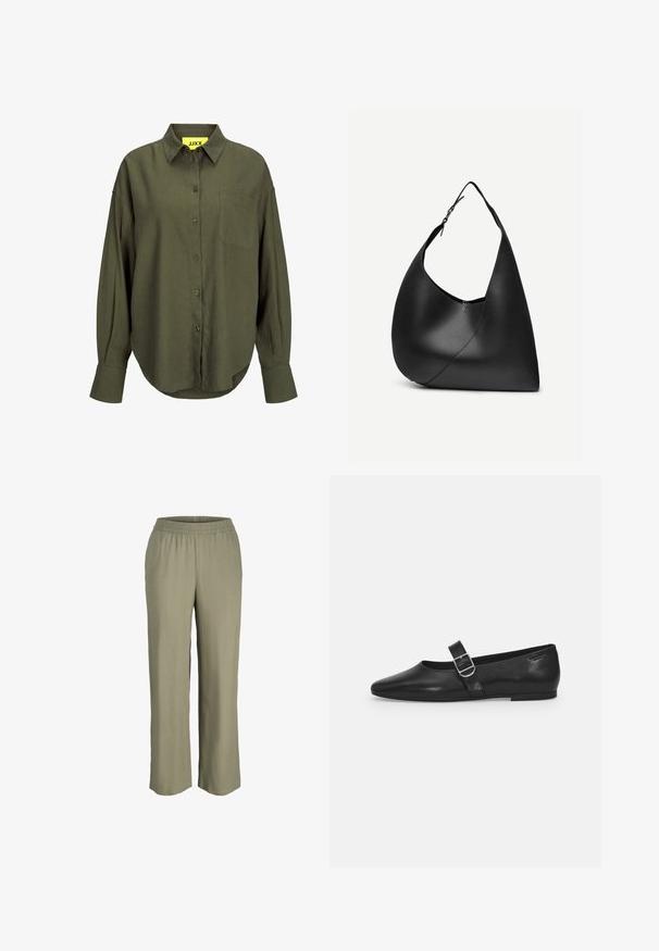 Oliven grøn langærmet skjorte med knapper, spids krave og brystlomme, med let buet kant og oversize manchetter.; Lys olivengrønne, løstsiddende bukser med elastisk talje, designet i et glat, let materiale, med lige ben.; Sorte læder flade sko med rund tå, et enkelt justerbart spænde og en glat, blank overflade. Minimalistisk design med en lav hæl.; Sort læder skuldertaske med buet trekantet form, enkelt justerbart rem og synlig diagonal søm foran.