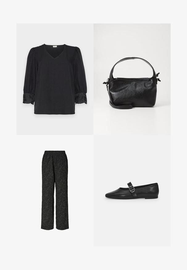 Blouse noire avec un décolleté en V et des manches bouffantes trois-quarts. Présente des détails brodés aux poignets. Tissu doux et texturé.; Pantalons noirs à jambes larges avec une taille élastique, fabriqués en tissu texturé présentant un motif froncé sur toute la surface.; Chaussure plate en cuir noir avec un bout arrondi, une seule sangle réglable à boucle et une texture lisse et brillante. Design minimaliste avec un petit talon.; Sac à main en cuir noir au design structuré, avec une poignée arrondie et une bandoulière amovible. Présente une texture lisse et un éclat subtil.