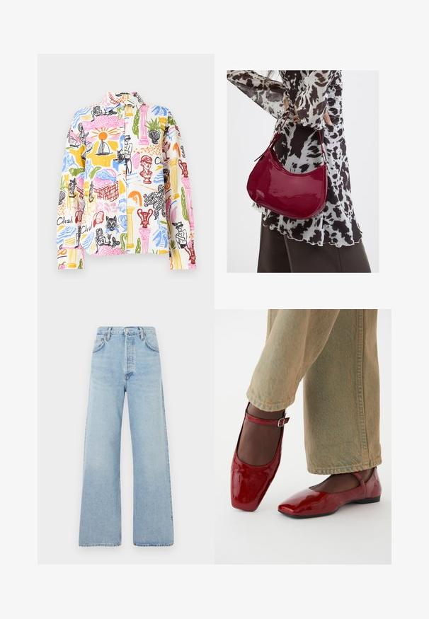Kortærmet skjorte med knapper i let, flerfarvet bomuld, med grafiske tryk af figurer, flora og marine elementer.; Agolde LOW SLUNG BAGGY - Jeans Relaxed Fit - blue denim; Røde patentlæder sko med firkantet tå, lav hæl og ankelrem, parret med lysegrønne vide bukser. Glat tekstur, reflekterende overflade.; Kvinde iført en sort- og hvidmønstret bluse, der holder en blank rød skuldertaske mod en ensfarvet baggrund.