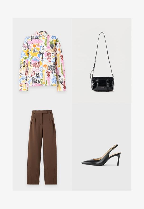 Chemise à manches courtes à boutons en coton léger multicolore, ornée d'imprimés graphiques de personnages, de flore et d'éléments marins.; Pantalons marron en tissu lisse, avec une taille haute, des plis avant et une coupe décontractée. Comprend des poches latérales et des jambes fuselées.; Escarpins en cuir noir avec une pointe fine, une bride ajustable et un talon aiguille élégant, présentant une finition lisse.; Sac à bandoulière en cuir noir avec sangle réglable, deux fermetures éclair verticales sur le devant et un petit emblème métallique en forme d'aile sous les fermetures éclair.