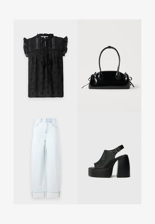 Schwarze Bluse mit kurzen Ärmeln, gerafftem Ausschnitt, Spitzenverzierungen und Quastenakzenten. Verfügt über bestickte Muster und strukturierter Stoff.; Helle blaue weit geschnittene Jeans aus Denim, mit hoher Taille, Fronttaschen und einem umgeschlagenen Saum mit sichtbaren Nähakzenten.; Schwarze offene Plattformsandalen mit geschwungenem Design, Slingback-Riemen und klobigem Blockabsatz. Glatte Lederoberfläche, minimalistischer Stil.; Kleine schwarze glänzende Handtasche mit zwei langen Griffen und seitlichen Kordelzug-Details vor einfachem hellem Hintergrund.