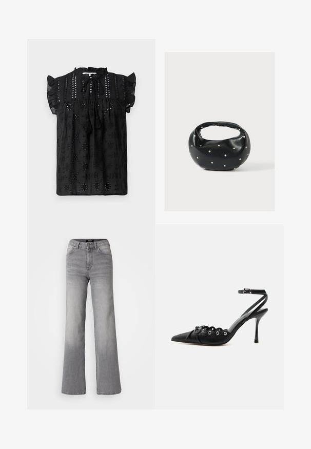 Schwarze Bluse mit kurzen Ärmeln, gerafftem Ausschnitt, Spitzenverzierungen und Quastenakzenten. Verfügt über bestickte Muster und strukturierter Stoff.; Hochtaillierte graue Denim-Jeans mit geradem Bein, Frontknopf und Reißverschluss, Vorder- und Gesäßtaschen sowie ausgewaschenen Schattierungen an Oberschenkeln und Waden.; Schwarzer, spitzer High-Heel-Schuh mit geschwungenen Kanten, Metallösen, Schnürung vorne und Knöchelriemen mit Schnallverschluss.; Schwarze Lederhandtasche mit abgerundeter Form, verziert mit silbernen Nietenakzenten und kurzem Griff. Glatte Struktur und Reißverschlussverschluss.