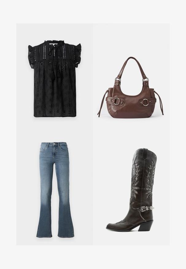 Sort, kortærmet bluse med samlet halsudskæring, blonder detaljer og frynse accenter. Har broderede mønstre og struktureret stof.; Lyseblå jeans i denim med høj talje, knap- og lynlåslukning, lommer foran og bagpå samt vide ben.; Sort læder cowboystøvle med dekorative udskæringer, sølvspænde og skrå hæl, vist på hvid baggrund.; Brun læderhåndtaske med rund form, sølvhardware, to sideskuldre og en glat tekstur. Har en enkelt toppen håndtag.