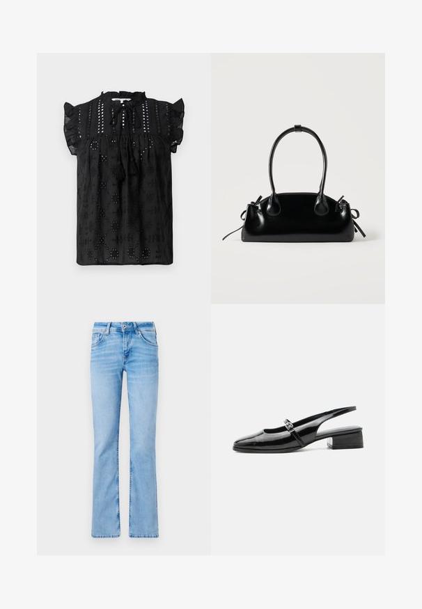 Blouse noire à manches courtes avec un col froncé, des détails en dentelle et des accents à pompons. Présente des motifs brodés et un tissu texturé.; Jeans en denim bleu clair évasés avec cinq poches, une fermeture à bouton et des passants de ceinture, présentant des zones décolorées et une texture lisse.; Chaussure slingback en cuir verni noir avec un petit talon bloc et une fine bride avec une boucle argentée sur le dessus.; Petit sac à main noir brillant avec deux longues anses et des détails à cordon sur les côtés sur un fond clair uni.