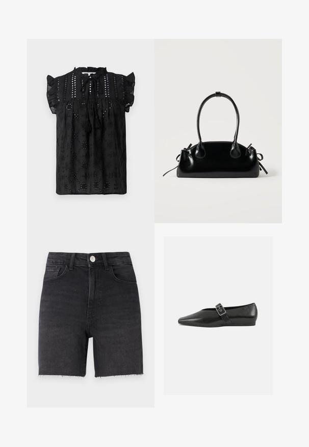 Blouse noire à manches courtes avec un col froncé, des détails en dentelle et des accents à pompons. Présente des motifs brodés et un tissu texturé.; Shorts en denim noir avec un design ajusté, coupe droite, ourlet effiloché, style à cinq poches et fermeture à bouton métallique à la taille.; Chaussure plate en cuir noir avec un orteil pointu, présentant une sangle à boucle métallique sur le cou-de-pied et une semelle basse et flexible.; Petit sac à main noir brillant avec deux longues anses et des détails à cordon sur les côtés sur un fond clair uni.