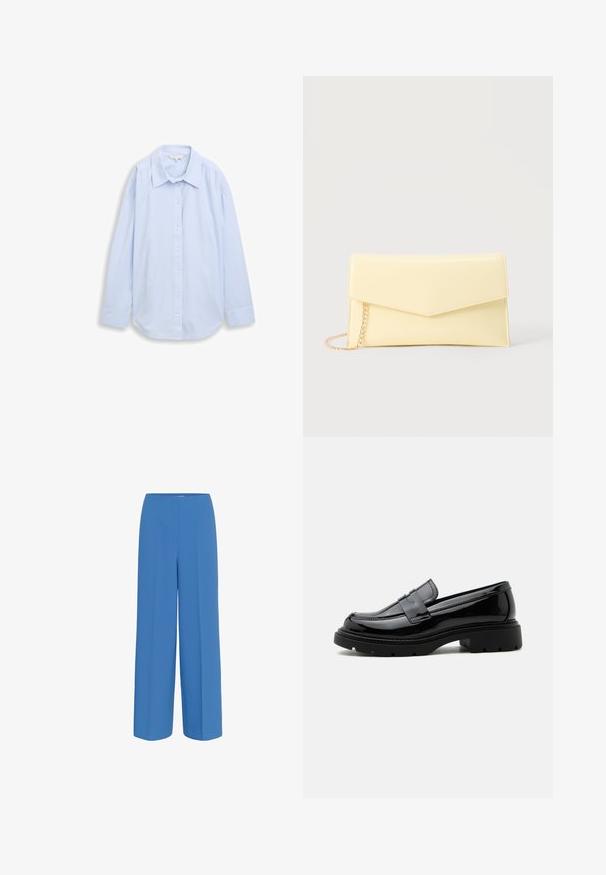 Camisa azul claro de manga larga con botones, rayas verticales blancas delgadas y cuello puntiagudo, mostrada extendida sobre un fondo blanco.; Pantalones de pierna ancha azules, confeccionados con un tejido suave, que presentan un pliegue frontal y una cinturilla plana sin cierre visible.; Mocasín de cuero negro brillante con suela gruesa de tacos y tira tipo "penny", mostrado de perfil sobre un fondo blanco liso.; Bolso de mano rectangular de color amarillo pálido con solapa puntiaguda y cadena dorada sobre un fondo neutro.