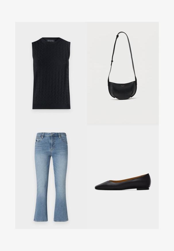 Jersey negro sin mangas con un patrón de diamantes texturizado, con cuello y dobladillo acanalados, hecho de un material de punto suave.; Jeans de campana en azul claro, hechos de mezclilla. Presenta una cintura de media altura, cinco bolsillos y trabillas para cinturón. Detalles de desgaste y costuras visibles.; Zapato plano de punta puntiaguda de cuero negro con tacón bajo y acabado liso, mostrado de perfil sobre un fondo gris claro.; Bolso bandolera de cuero negro en forma de media luna con correa ajustable y pequeño logo dorado en el centro frontal.