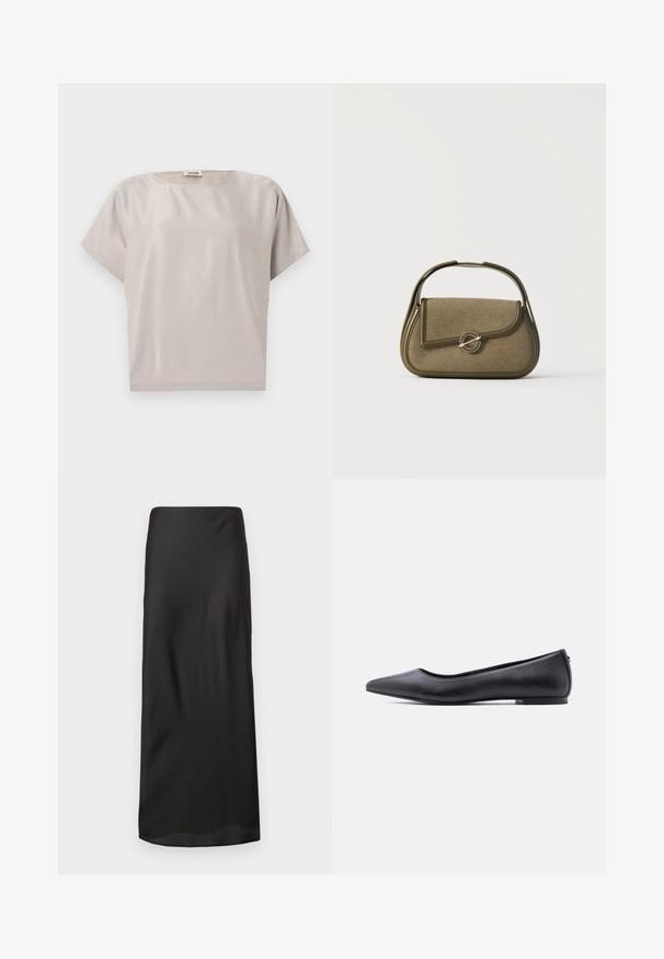 Beige katoenen blouse met korte mouwen, ronde hals, losse pasvorm en een klein label aan de achterkant van de binnenkraag.; Zwarte maxi rok van glad, lichtgewicht stof. Heeft een rechte silhouet met een elastische tailleband en geen zichtbare patronen of versieringen.; Zwarte platte leren schoen met puntige neus en lage hak, zijaanzicht tegen een witte achtergrond.; Kleine olijfgroene handtas met afgeronde hoeken, een bovenhandvat en een klep met een sluiting die vastzit met een ronde metalen sluiting.