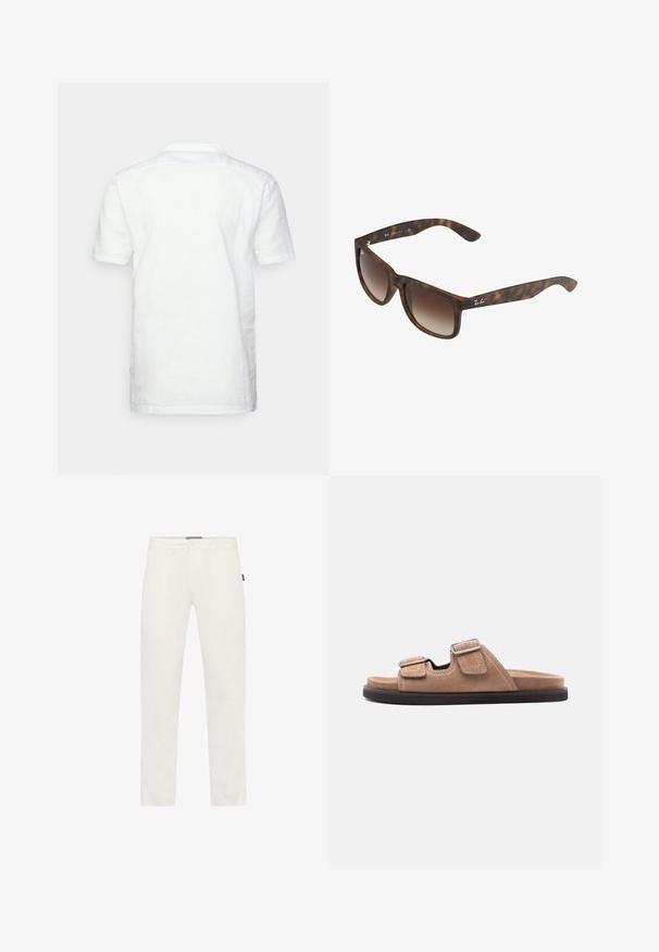 Chemise blanche à manches courtes en lin avec un col plat, des coutures visibles et une coupe droite, vue de dos.; Pantalon blanc slim avec passants de ceinture, fermeture boutonnée, poches avant et une petite étiquette noire sur le côté droit des hanches.; Sandale à glissière en suède marron avec semelle noire, présentant deux brides ajustables avec boucles et détail de couture blanche, vue latérale sur fond blanc.; Lunettes de soleil en écaille de tortue avec des verres dégradés bruns, de forme rectangulaire, avec des montures épaisses et un accent de logo en argent sur le côté.
