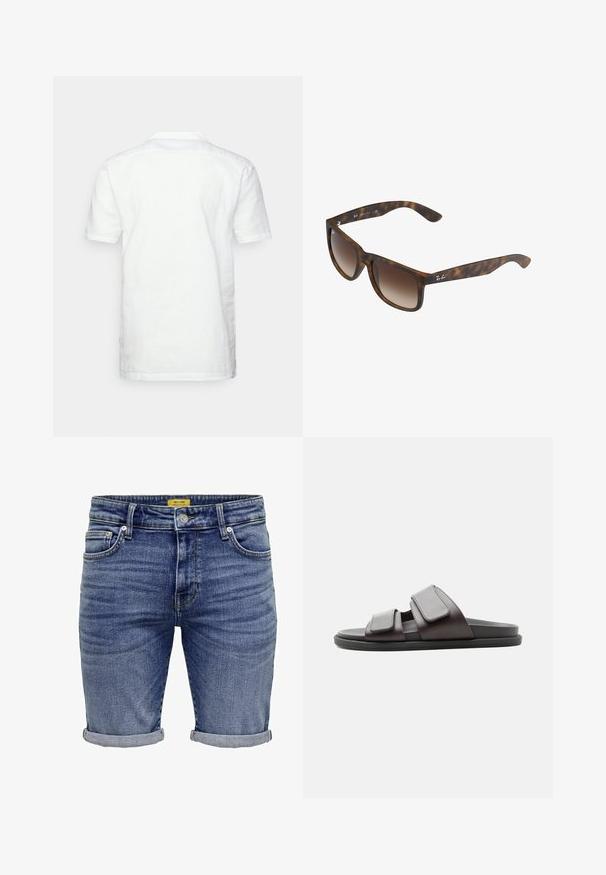 Kurzärmliges weißes Hemd aus Leinen mit flachem Kragen, sichtbaren Nähten und geradem Schnitt, von hinten dargestellt.; Blaue Jeansshorts in mittlerem Blau. Verfügt über ein klassisches Fünf-Taschen-Design, aufgeschlagene Säume und dezente Ausbleichungen auf dem Stoff. Metallbeschläge inklusive.; Dunkelbraune Slide-Sandale mit zwei breiten, verstellbaren Klettverschlüssen und schwarzer Sohle, von der Seite auf weißem Hintergrund gezeigt.; Schildpatt-Sonnenbrille mit braunen Verlaufslinsen, rechteckiger Form, dicken Rahmen und einem silbernen Logo-Akzent an der Seite.
