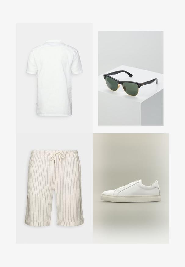 Chemise blanche à manches courtes en lin avec un col plat, des coutures visibles et une coupe droite, vue de dos.; Shorts en mélange de lin couleur beige clair avec de légères rayures verticales marron. Dotés d'une taille élastique avec cordon de serrage et d'ourlets roulés.; Baskets blanches basses à lacets sur l’avant et semelle épaisse, vues de côté sur un fond neutre.; Lunettes de soleil Ray-Ban avec des verres verts, monture en plastique noir et accents dorés sur les bords. Forme carrée avec une finition mate.