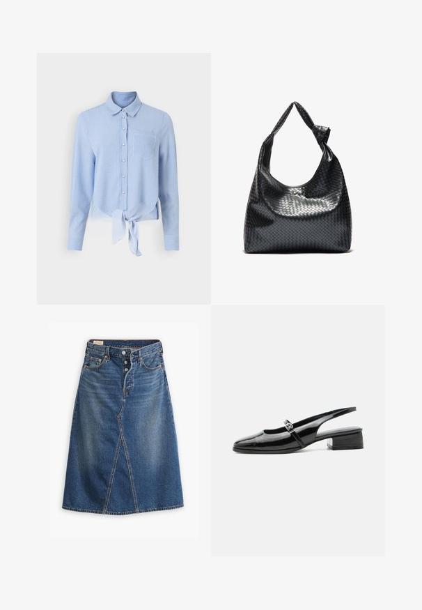 Camisa de botones de rayas azules y blancas con mangas largas, un dobladillo frontal anudado y un solo bolsillo en el pecho. Tejido suave y diseño de cuello clásico.; Falda de mezclilla en tono azul medio con forma de Línea A, abertura delantera, cinco bolsillos y cierre de botones en la cintura.; Zapato slingback de charol negro con tacón bajo y grueso y una fina correa con hebilla de plata en la parte superior.; Bolso de cuero trenzado negro con un diseño relajado, que presenta una correa anudada y un pequeño tachuela dorada decorativa en la parte superior.