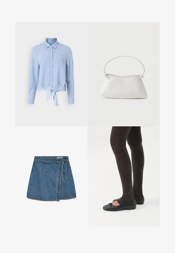 Blå og hvid stribet skjorte med lange ærmer, en knyttet frontkant og en enkelt brystlomme. Glat stof og klassisk kravedesign.; Denim indigo omslagskørt i lys blå med et bånd i taljen, der har en lige pasform og en glat tekstur. Ingen synlige mønstre eller dekorationer.; Ben iført mørke ribbede leggings kombineret med sorte balletsko med små sløjfedetaljer på hvid baggrund.; Hvid fletlæderhåndtaske med afrundet håndtag og ender på remmen, der er knyttet, vist mod en ensfarvet baggrund.