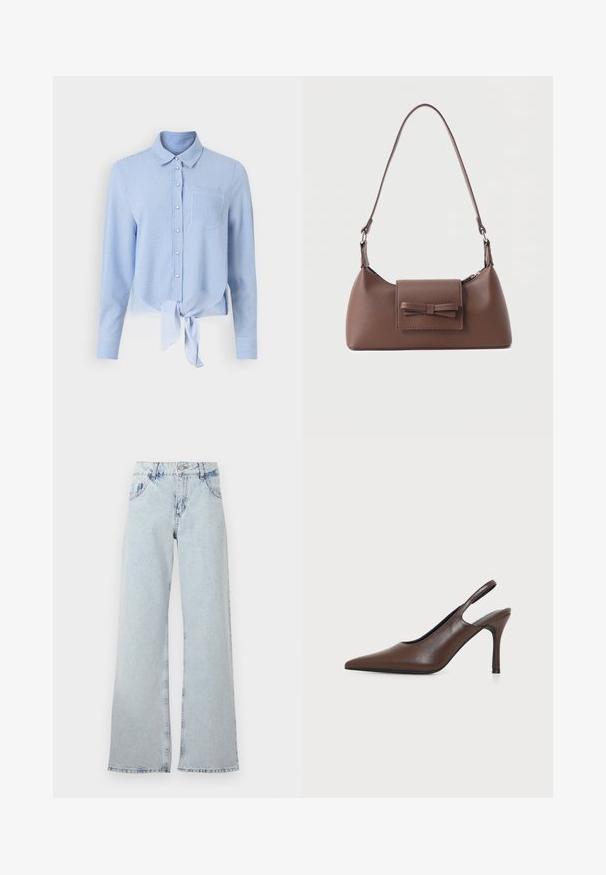 Chemise boutonnée à rayures bleues et blanches avec des manches longues, un ourlet devant noué et une poche poitrine unique. Tissu lisse et design de col classique.; Jeans large bleu clair en denim, avec une taille haute, des passants de ceinture, cinq poches et des zones décolorées pour un aspect vintage.; Chaussure à talon haut slingback en cuir marron à bout pointu avec talon stiletto fin sur fond clair uni.; Sac à bandoulière en cuir marron avec une poche à rabat avant ornée d'un détail en forme de nœud cousu et une sangle réglable.