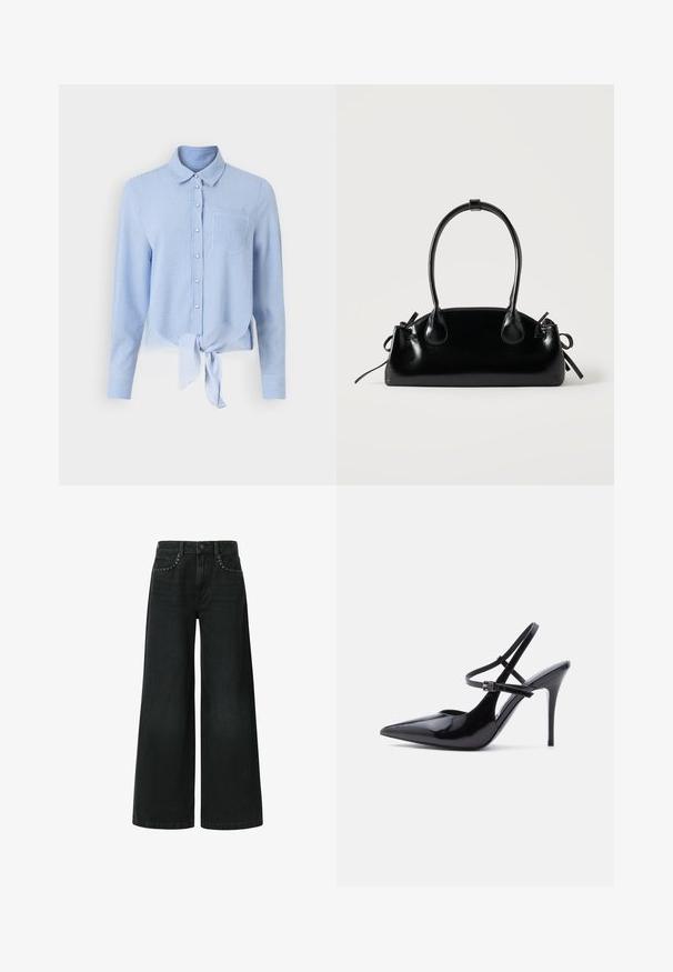 Blau en witte gestreepte overhem mad met lange mouwen, een gestrikt voorpand en een enkel borstzakje. Gladde stof en klassiek kraagontwerp.; Zwarte jeans met wijd uitlopende pijpen, gemaakt van denim, met een klassieke vijf-pocket design en decoratieve studded details nabij de voorkruiszakken.; Zwart lakleren pumps met spitse neus, hoge naaldhakken en twee smalle verstelbare enkelbandjes, zijaanzicht.; Kleine zwarte glanzende handtas met twee lange hengsels en zijkant trekkoord details op een effen lichte achtergrond.