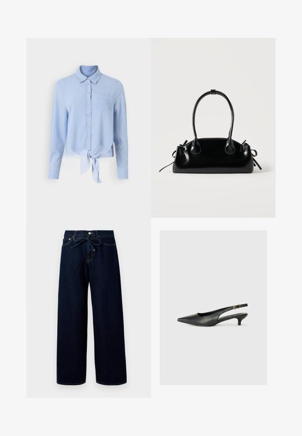 Blau en witte gestreepte overhem mad met lange mouwen, een gestrikt voorpand en een enkel borstzakje. Gladde stof en klassiek kraagontwerp.; Donkerblauwe wijde jeans van denim, met een sluiting met knoppen aan de voorkant en een trekkoord in de taille, versierd met contrasterende stikdetails.; Zwarte puntschoen met slingback van soepel leer. Kenmerkt zich door een dunne hak en een gespdetail op de verstelbare band.; Kleine zwarte glanzende handtas met twee lange hengsels en zijkant trekkoord details op een effen lichte achtergrond.