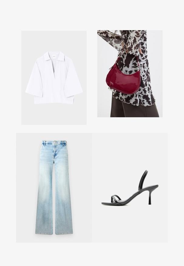 Camisa blanca de corte suelto con mangas anchas tres cuartos y un escote en V pronunciado, mostrada sobre un fondo liso claro.; Jeans acampanados de color azul claro, confeccionados en denim. Presentan un lavado desvaído, bolsillos estándar y un cierre de botón en la cintura.; Sandalia negra de tacón alto con finas tiras en los dedos y el tobillo, acabado brillante y tacón de aguja delgado.; Mujer con blusa de estampado en blanco y negro sosteniendo un bolso de hombro rojo brillante sobre un fondo liso.