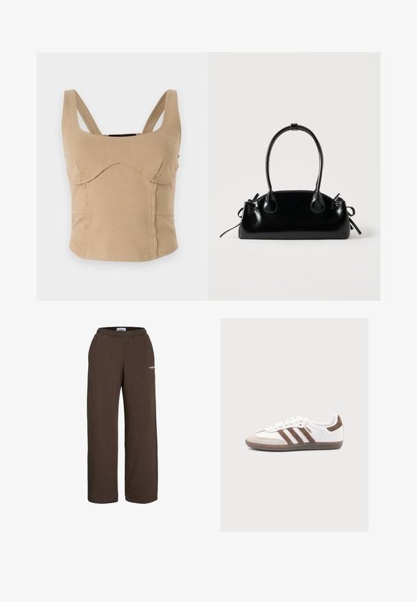 Beiger, kurz geschnittener Top mit breiten Trägern, glatter Textur, geschwungenen Nähten und tailliertem Design. Keine sichtbaren Verschlüsse oder Verzierungen.; Braune Sweatpants mit weitem Bein, elastischem Bund und kleinem weißem Textlogo am oberen Oberschenkel vor weißem Hintergrund.; Weißer Adidas Samba Sneaker mit braunen Veloursstreifen, brauner Velourspitze und Gummisohle auf hellgrauem Hintergrund.; Kleine schwarze glänzende Handtasche mit zwei langen Griffen und seitlichen Kordelzug-Details vor einfachem hellem Hintergrund.