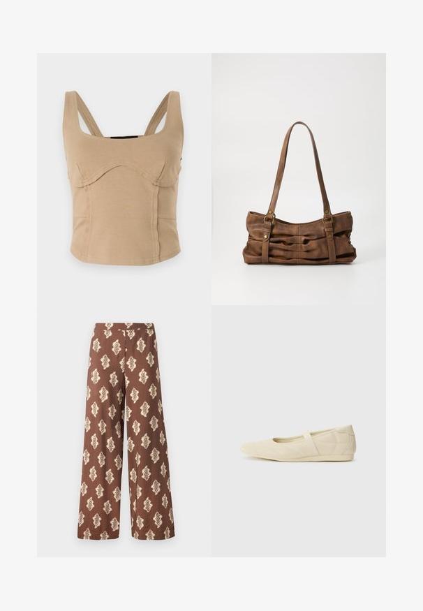 Beiger, kurz geschnittener Top mit breiten Trägern, glatter Textur, geschwungenen Nähten und tailliertem Design. Keine sichtbaren Verschlüsse oder Verzierungen.; Breite braune Hose aus einem Stoff mit strukturierten Oberfläche, versehen mit einem sich wiederholenden Blättermuster in Cremefarbe. Elastischer Bund.; Beige Ballerinas aus glattem Leder mit mandelförmiger Zehenpartie und elastischem Riemen über dem Fußrücken, ausgestattet mit dezenten Nähtelementen.; Even&Odd Handtasche - brown