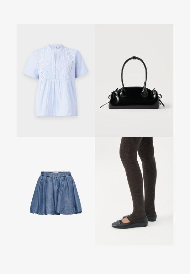 Lichtblauwe blouse met korte mouwen en witte verticale strepen, met een geborduurd bloemenpatroon op de schouderpas en knoopsluiting.; Denim rok met een elastische tailleband, uitlopende ontwerp en een lichtblauwe kleur. Heeft een zachte textuur en geplooide stof.; Benen met donkere geribbelde leggings gecombineerd met zwarte ballerina's met kleine strikdetails op een witte achtergrond.; Kleine zwarte glanzende handtas met twee lange hengsels en zijkant trekkoord details op een effen lichte achtergrond.