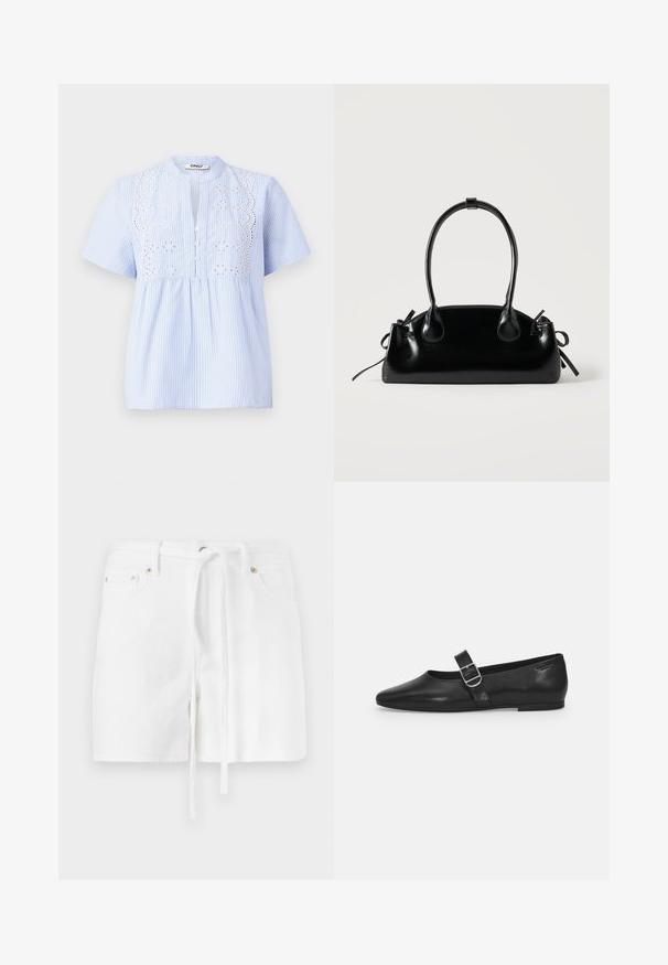 Blouse à manches courtes bleu clair avec des rayures verticales blanches, présentant un motif floral brodé sur le devant et une fermeture à bouton.; Shorts en denim blanc avec une taille à cordon de serrage, dotés de deux poches avant et d'une texture lisse. Le design est simple et classique, sans motifs.; Chaussure plate en cuir noir avec un bout arrondi, une seule sangle réglable à boucle et une texture lisse et brillante. Design minimaliste avec un petit talon.; Petit sac à main noir brillant avec deux longues anses et des détails à cordon sur les côtés sur un fond clair uni.