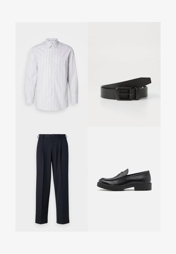 Gestreiftes Hemd mit Knöpfen, das vertikale graue und weiße Streifen aufweist, lange Ärmel, einen Kragen und eine Brusttasche. Glatte Stofftextur.; Marineblaue, maßgeschneiderte Hose mit Knopf- und Reißverschluss vorne, Gürtelschlaufen und Seitentaschen, gezeigt auf weißem Hintergrund.; Schwarze Lederloafers mit runder Zehenform, eleganter Schlupfdesign und dicker Gummisohle mit strukturiertem Griff. Erhöhter Absatz und dezente Nähdetails.; Schwarzer Leder Gürtel mit einer mattschwarzen Metallschließe, ausgestattet mit einer glatten Textur und einfachem Design. Verstellbare Länge mit zulaufendem Ende.