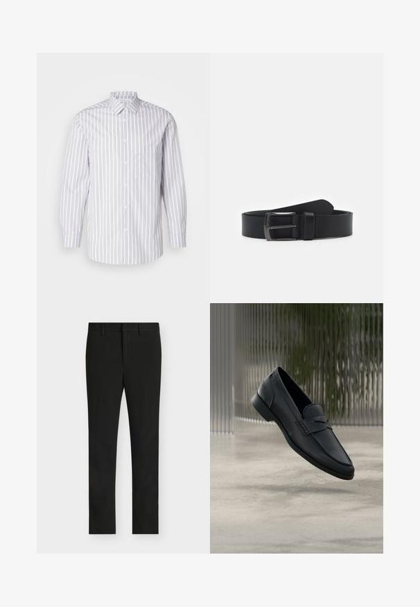 Stribet skjorte med knapper, der har lodrette grå og hvide striber, lange ærmer, en krave og en brystlomme. Glat stoftekstur.; Sorte slim fit bukser med bæltestropper, foran lynlås og fladt frontparti, vist på en lys grå baggrund.; Sort læderloafer med glat finish, spids tå og sømdetaljer over vristen. Lav hæl og minimalistisk design.; Sort læderbælte med en glat tekstur, der har en spænde i sølvfarvet metal og et klassisk design. Justerbar længde, minimalistisk stil.