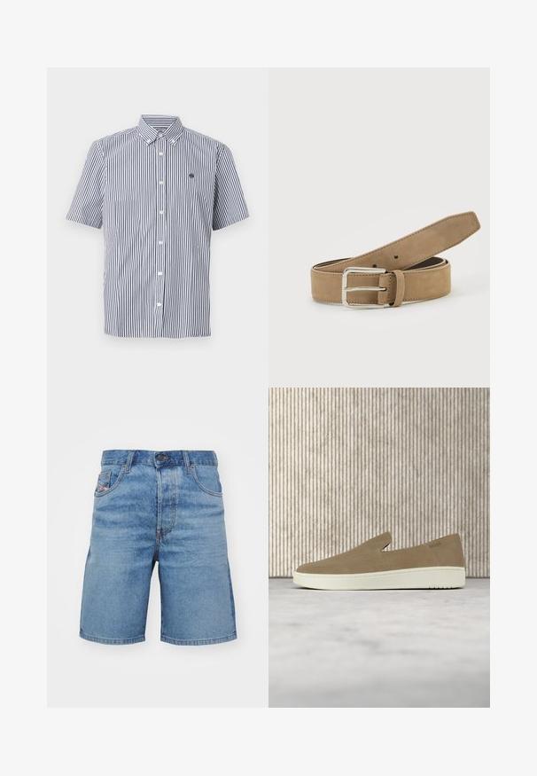 Camisa de manga corta con botones, con rayas verticales blancas y azul marino y un pequeño logo bordado en el pecho izquierdo.; Pantalones cortos de mezclilla azul claro con un corte clásico, ligero desvanecimiento, diseño de cinco bolsillos y costuras tono cobre. Presentan un cierre frontal con botón.; Zapato beige sin cordones con suela blanca, mostrado en el aire sobre una alfombra clara con muebles transparentes de color ámbar al fondo.; Cinturón de ante marrón claro con hebilla de metal plateado, enrollado y colocado sobre una superficie blanca.