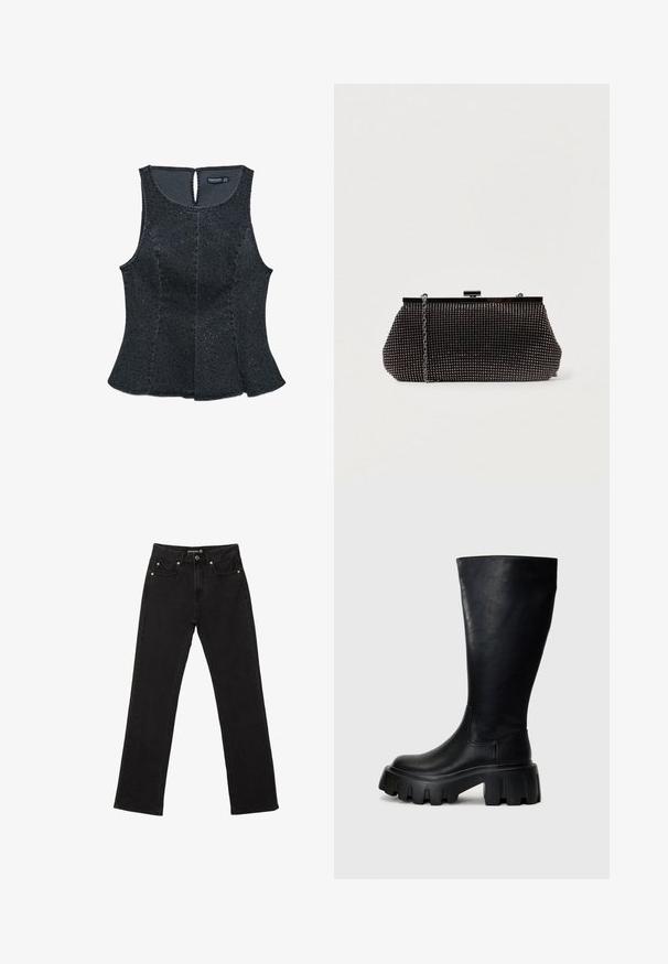 Sort ærmeløs top med tætsiddende korset og udvidet kant. Tekstureret stof med spredte glitrende pynt. Rund rygåbning med nøgledetalje.; Sorte denim jeans med lige ben, fem lommer og diskrete kobbernitter. Lavet af slidstærkt bomuldsstof.; Sorte knæhøje støvler lavet af glat læder med en kraftig sål, der har en rund tå, elastiske sidepaneler og en subtil syning.; Sort mesh clutch-taske med en struktureret silhuet, prydet med små metalstuds, har en låsemekanisme og en aftagelig kæderekke.