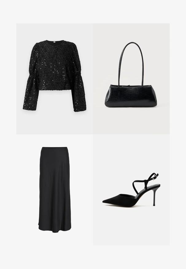 Zwarte cropped top gemaakt van textuurstof versierd met pailletten. Heeft lange, opgeblazen mouwen en een ronde halslijn.; Zwarte maxi rok gemaakt van glad, lichtgewicht stof. Heeft een eenvoudige A-lijn silhouet met een licht uitlopende zoom en geen zichtbare sluitingen.; Zwarte pumps met spitse neus, smalle stilettohak en dunne enkelbandjes met een zilveren gesp op een witte achtergrond.; Zwarte rechthoekige schoudertas met lange dunne banden en een gladde, glanzende textuur op een effen achtergrond.