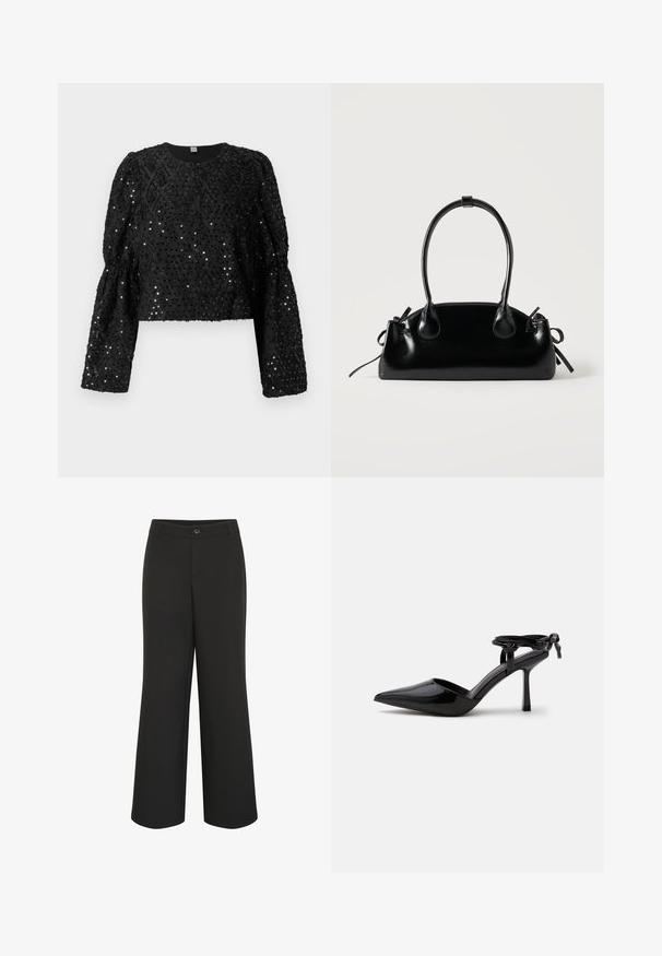 Zwarte cropped top gemaakt van textuurstof versierd met pailletten. Heeft lange, opgeblazen mouwen en een ronde halslijn.; Culture CUALAINE - Broek - black; Zwarte lakleren hoge hakken schoen met spits toelopende neus en enkelbandje achter gebonden in een knoop, afgebeeld op een effen witte achtergrond.; Kleine zwarte glanzende handtas met twee lange hengsels en zijkant trekkoord details op een effen lichte achtergrond.
