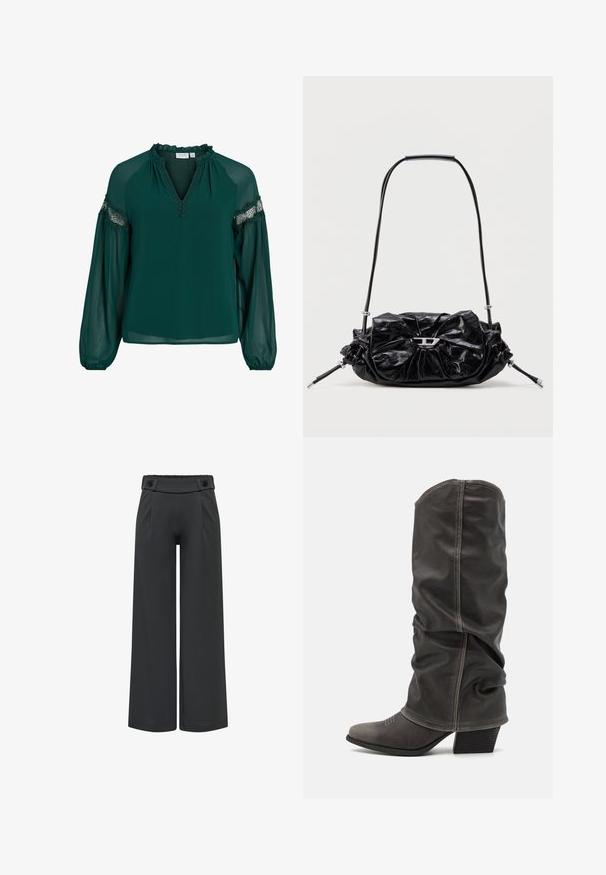 Donkergroene blouse gemaakt van lichte stof, met een ruches halslijn, kantaccenten op de mouwen en een losvallende pasvorm met gathered cuffs.; Zwarte wijde broek met hoge taille en knoopdetails op de tailleband, de voornaad en rechte zoom.; Grijze leren laarzen tot de kuit met een slouchy ontwerp, spitse neus en gestapelde hak. Opmerkelijke stikdetails op het neusstuk.; Zwarte leren handtas met een geplooid design en een strikdetail aan de voorkant. Voorzien van een korte handgreep en zilverkleurige metalen accenten.