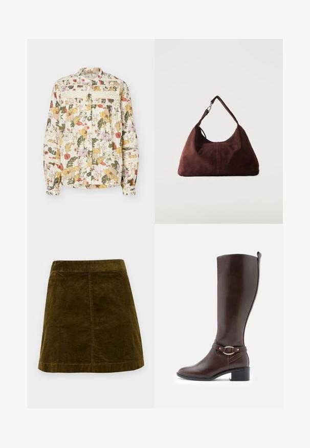 Langærmet knapbluse med flerfarvet blomsterprint, blonderdetaljer på bryst og ærmer samt indsamlede manchetter på en lys baggrund.; Brun kordfløjl mini skirt med lodrette ribber, lige snit og en ren kant. Har en simpel talje uden udsmykninger.; Knæhøj brun læderstøvle med rund tå, spænde detajler og en lille blokhæl. Glat tekstur og minimalistisk design.; Blød brun ruskind skuldertaske med en enkelt rem og sølvfarvet metal hardware på en ensartet lys baggrund.