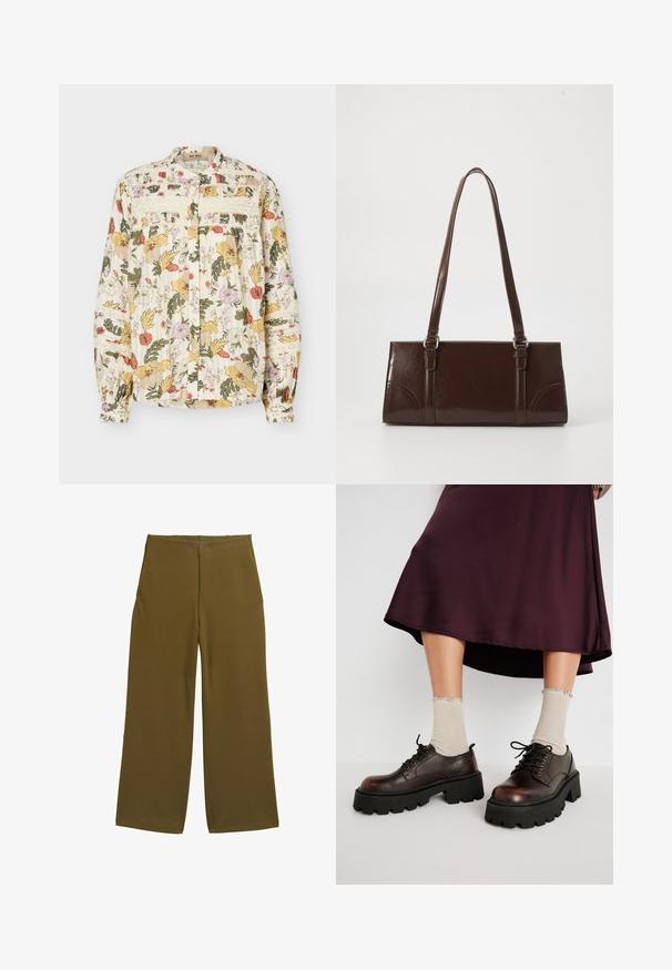 Blouse met lange mouwen en knopen, meerkleurige bloemenprint, kantdetails op de borst en mouwen, en geplooide manchetten op een lichte achtergrond.; Brede broek in olijfgroene stof, met een zachte textuur en zonder zichtbare sluitingen. Ontworpen voor een relaxte fit met strakke lijnen.; Bruine leren platform schoenen met dikke zwarte zolen, gecombineerd met geribbelde beige sokken met golfranden, tegen een neutrale achtergrond.; Bruine lakleren handtas met een rechthoekige vorm, twee lange handvatten en subtiele gebogen accenten aan de voorkant.