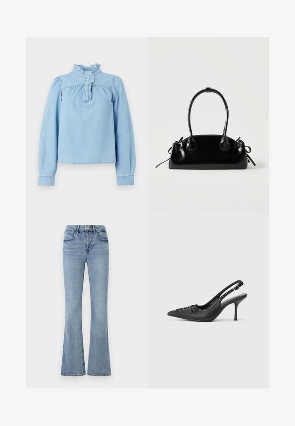 Lyseblå denimbluse med en rynket krave, frontknaplukning og lange pufærmer. Glat tekstur med samlet detaljering.; Lyseblå denimjeans med høj talje, frontknap og lynlås, fem lommer og let udvidede ben.; Sorte læder slingback stiletto med spids tå, side spændebånd, nitter langs kanten og dekorativ snøring foran.; Lille sort blank håndtaske med to lange håndtag og snøre-detaljer i siden på en ensfarvet lys baggrund.