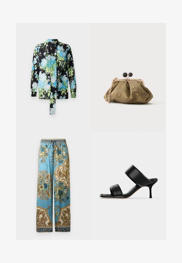 Blusa floral con fondo negro y patrones florales en azul y verde, de manga larga y cuello alzado. Incluye un detalle de lazo.; Pantalones de patrón azul claro con un corte holgado, que presentan diseños florales en amarillo, blanco y teal, y una cintura fruncida con cordón.; Sandalia mule de cuero negro con dos tiras anchas y un tacón de aguja delgado de altura media sobre un fondo claro y sencillo.; Pequeño bolso de mano con patrón geométrico en dorado y negro, marco metálico dorado, cierre de bola negro y una corta correa de cadena dorada.