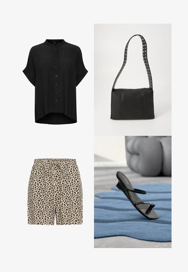 Blouse noire à manches courtes, confectionnée dans un tissu léger, avec un col rond et une fermeture à boutons sur le devant, présentant des boutons foncés et un ourlet arrondi.; Shorts en imprimé léopard beige avec des taches noires et marron. Dotés d'une taille élastique avec un cordon de serrage pour un ajustement. Matériau léger.; Sandale noire à brides avec boucle d’orteil exposée sur un tapis texturé bleu, avec un grand objet décoratif gris flouté en arrière-plan.; Sac à main en cuir noir de forme rectangulaire, doté d'une fermeture éclair et d'une bandoulière à pois. Texture lisse, détails de couture minimaux.