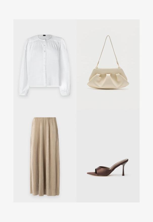 Hvid langærmet bluse lavet af glat stof, med knaplukning foran og samlede detaljer på skuldrene samt en rund halsudskæring.; Plisseret beige midi-skjørt med elastisk talje, der har lodrette striber og en flydende silhuet for nem bevægelse.; Brune satin åben tå mule med en mellemhøj slank hæl og slip-on design på en ensfarvet hvid baggrund.; Kremfarvet blød clutch-taske med samlet plissering og en tynd skulderrem med guldfarvet hardware.