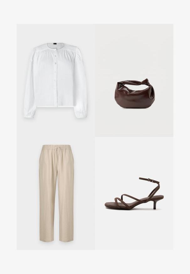 Blouse blanche à manches longues en tissu lisse, avec un devant boutonné et des détails froncés sur les épaules, dotée d'un col rond.; Pantalons beiges légers avec une taille élastique et un cordon de serrage ajustable. Design à jambes droites avec une texture lisse.; Sandale marron à talons hauts avec fines lanières croisées et bride de cheville avec boucle argentée sur fond blanc.; Sac bandoulière en cuir marron foncé avec une forme souple et décontractée et une anse nouée torsadée sur un fond blanc uni.