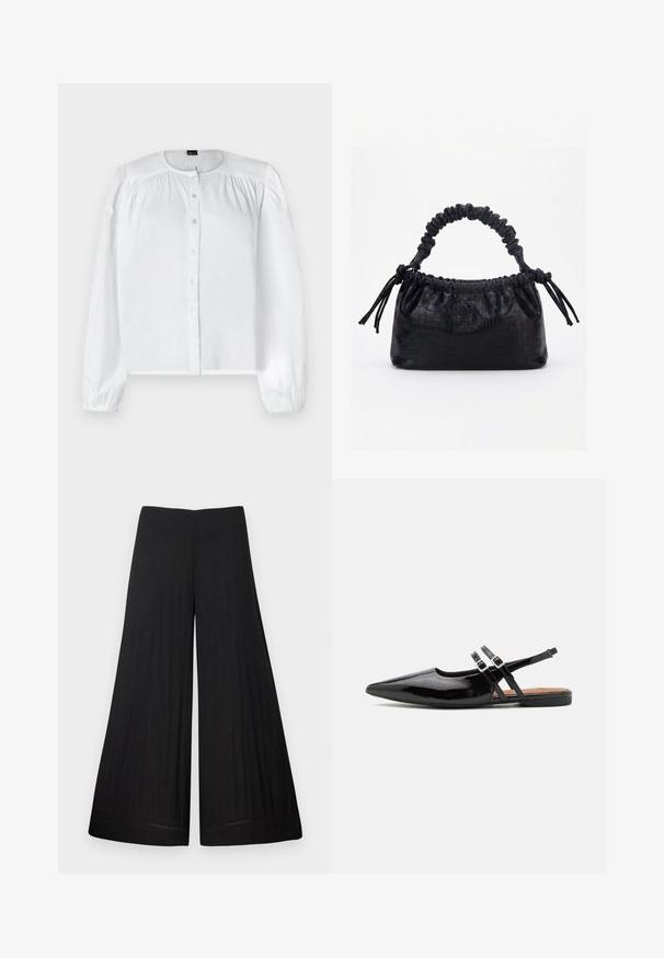 Blouse blanche à manches longues en tissu lisse, avec un devant boutonné et des détails froncés sur les épaules, dotée d'un col rond.; Pantalon noir à larges jambes en tissu léger. Il possède une taille plate et un matériau fluide, avec peu de détails de couture.; Des chaussures slingbacks en cuir verni noir présentent un bout pointu, deux sangles avec des accents de boucle, et une semelle plate.; Sac à main noir avec texture crocodile, bord supérieur froncé, poignée plissée et pompons à cordon de chaque côté sur fond blanc.