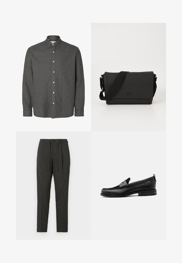 Chemise à manches longues gris foncé, boutonnée, avec un col pointu et des boutons blancs sur le devant au centre.; Pantalons rayés gris foncé avec une coupe ajustée, dotés d'une fermeture à bouton et d'une taille à cordon, composés d'un tissu texturé.; Mocassin en cuir noir avec détail de bride grise, talon bas et semelle texturée, marqué "HUGO" en or sur le côté.; Lacoste MESSENGER BAG MEN CLASSIC - Sac bandoulière - noir