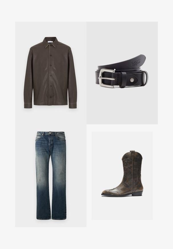Dunkelbraunes Langarm-Lederhemd mit Knopfleiste, klassischem Kragen und sichtbaren Kontrastnähten an Nähten und Manschetten.; Dunkelblaue weit geschnittene Jeans aus Denim. Mit verblassten Details, traditionellem Fünf-Taschen-Design und einem Metallknopfverschluss an der Taille.; Braune Leder-Cowboystiefel mit hohem Schaft, spitzem Zehenbereich, aufwendigen Stickmustern und kleinem Absatz. Strukturierte Oberflächenbeschaffenheit.; Schwarzer Ledergürtel mit silberner Metallschnalle, einem Druckknopf zur Verstellung und geprägtem Muster auf dem Leder. Gleichmäßige, glatte Textur.