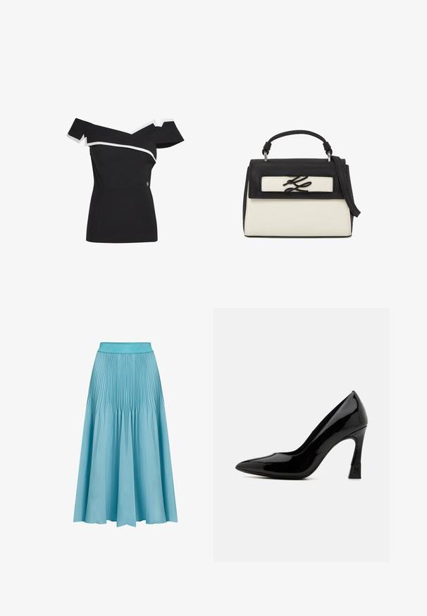 Haut noir à épaules dénudées avec encolure asymétrique, bordure blanche le long de l'encolure et des manches, et taille ajustée.; Jupe midi plissée en bleu clair. Dotée d'une large taille, d'une forme fluide et de plis verticaux qui ajoutent de la texture et du mouvement.; Escarpin en cuir verni noir à talon haut, avec un bout pointu et un talon bloc, présentant un accent logo. Texture de surface lisse et brillante.; Sac à main en cuir noir et blanc avec poignée supérieure, bandoulière réglable et logo métallique stylisé sur le rabat avant.